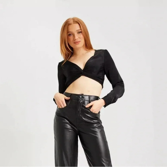 Only Satin Black Mille Cropped Satin Twist  Crop Top With Balloon Sleeves Large - Picture 6 of 10